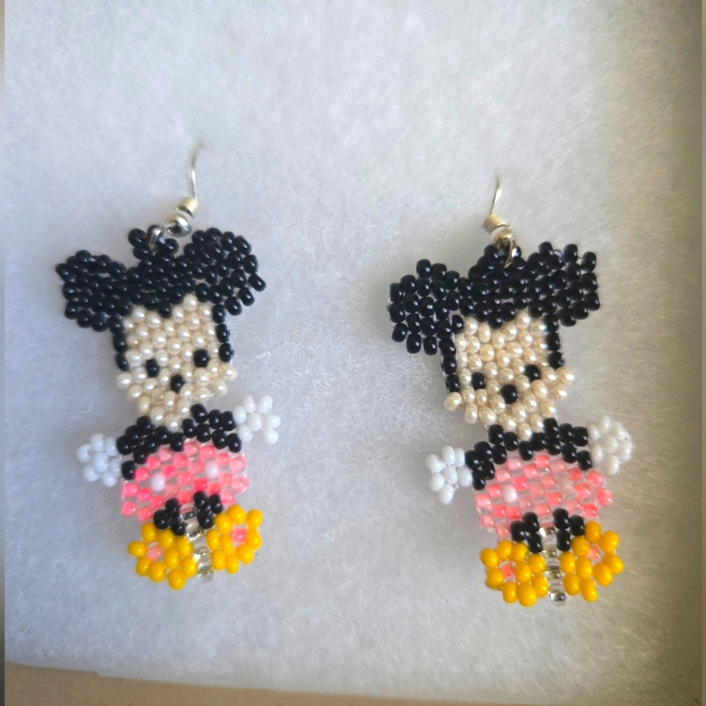 Beaded Character Earrings - Black, Pink, Yellow